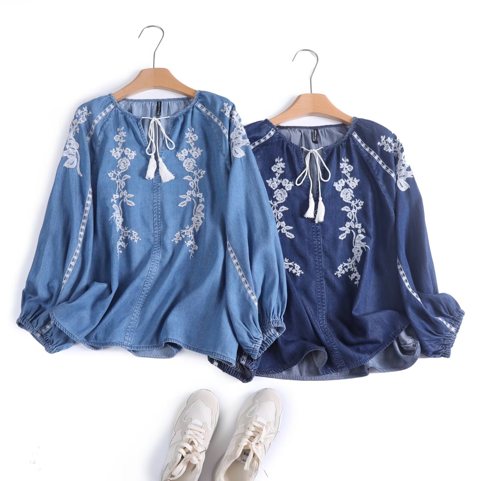 Tassel Fringe Trim - Blus Denim Wanita Atasan Kemeja Antik