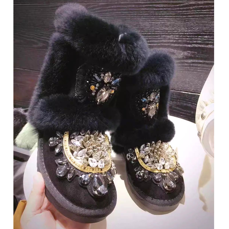 Sew On Rhinestone - Sepatu bot musim dingin bulu kelinci,