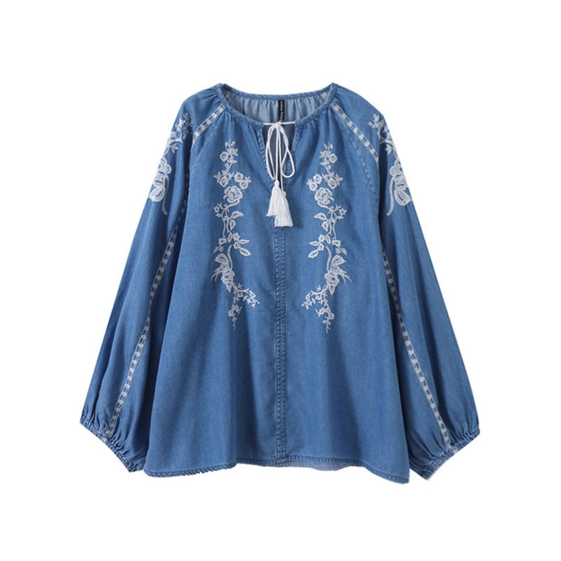 Blus Denim Wanita Atasan Kemej - Tassel Fringe Trim ulasan dan harga