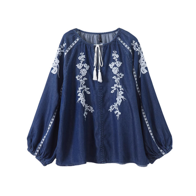 Blus Denim Wanita Atasan Kemej - Tassel Fringe Trim ulasan dan harga