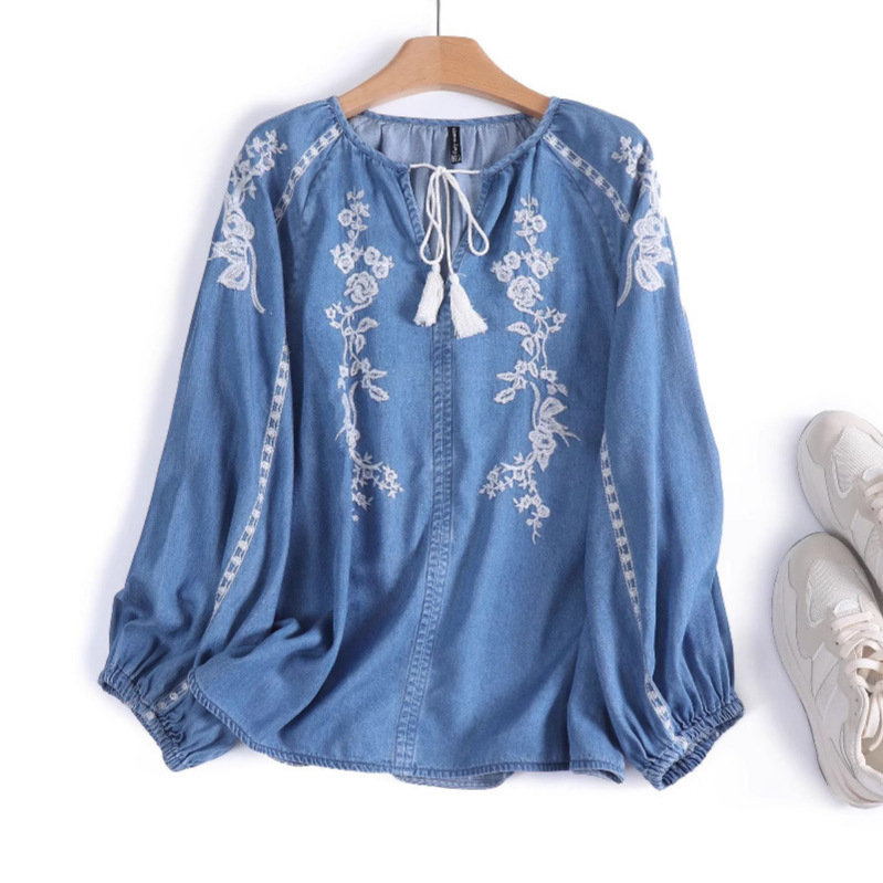 Blus Denim Wanita Atasan Kemej - Tassel Fringe Trim ulasan dan harga
