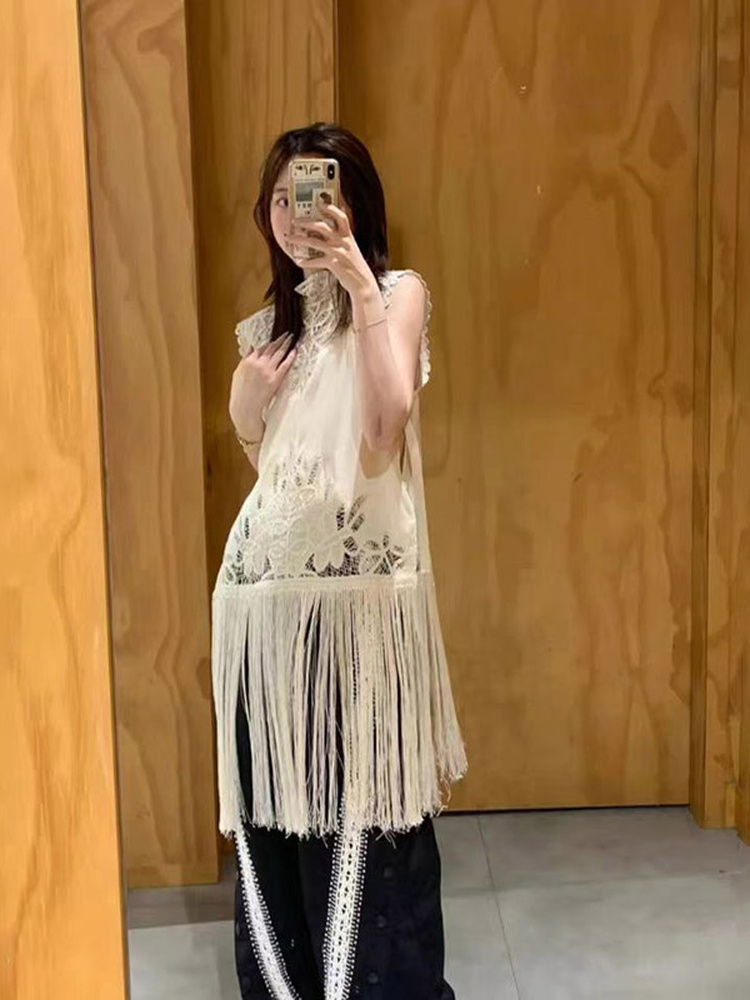 Kemeja Wanita Kerah Tegak Tanp - Tassel Fringe Trim ulasan dan harga